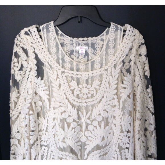 Crochet Lace Blouse M Cream Sheer Embroidered Boho Cottage Romantic Holiday Top - Picture 4 of 10